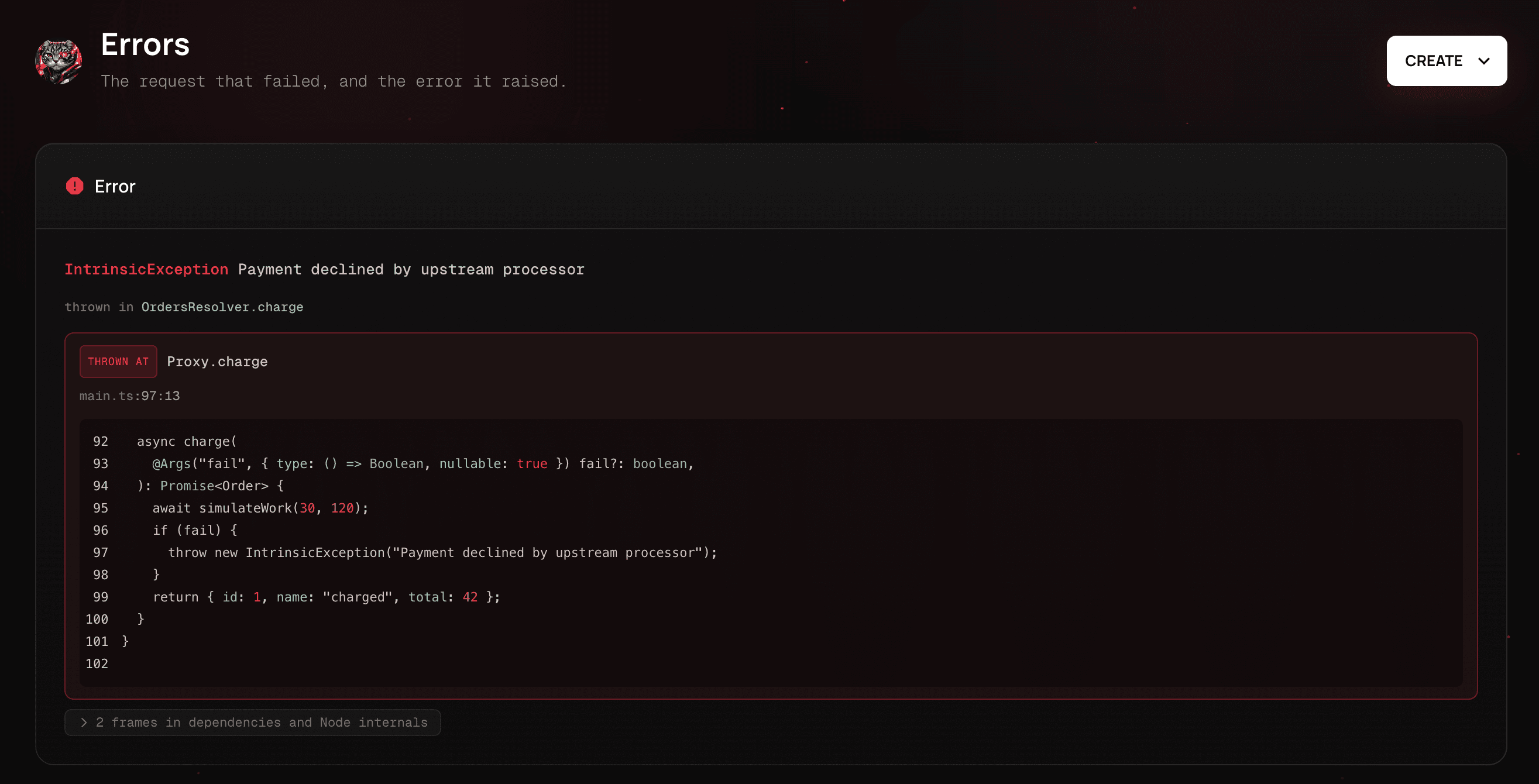 Error card with source context