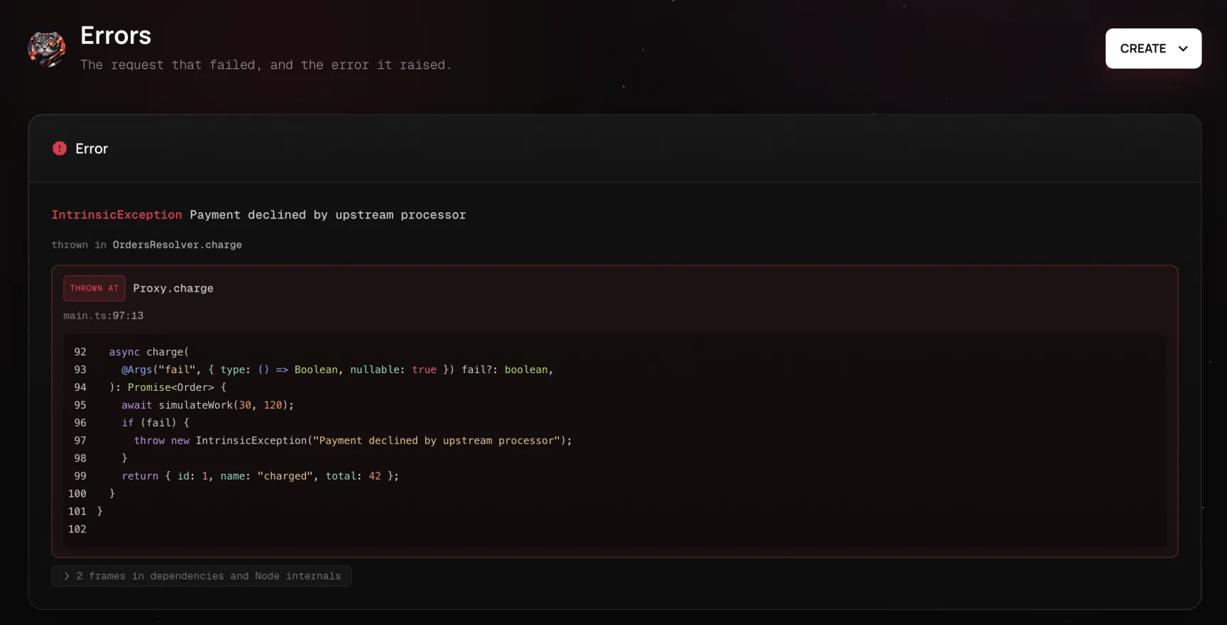Error card with source context